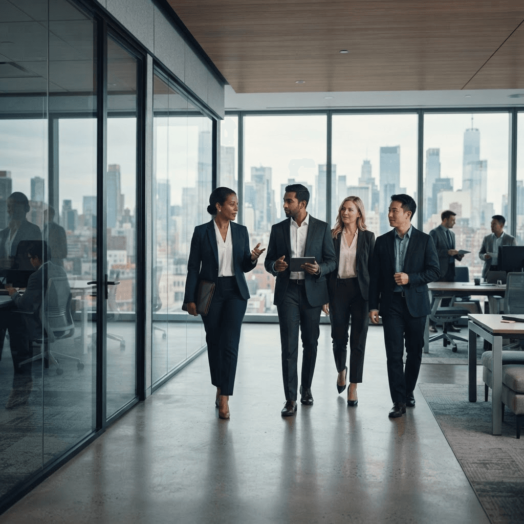 A leadership team walking through a modern office